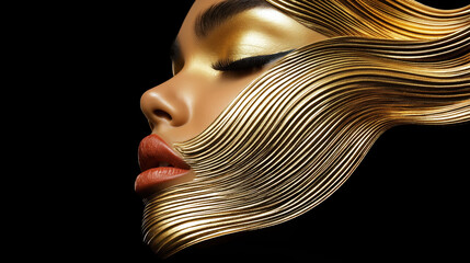 A close-up of a woman's face adorned with luxurious gold makeup and flowing gold metallic lines