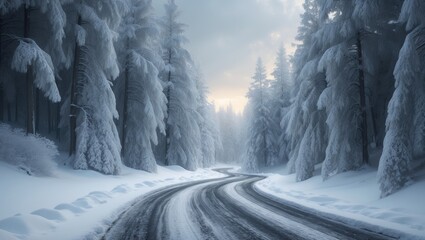 Scenic winter journey on a snow-dusted mountain road during the holiday season