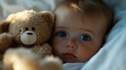 Adorable baby girl nestled in bed with teddy bear