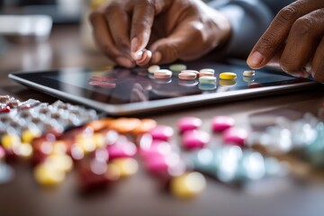 Close-up of hands arranging colorful pills on a tablet screen, showcasing healthcare and technology.