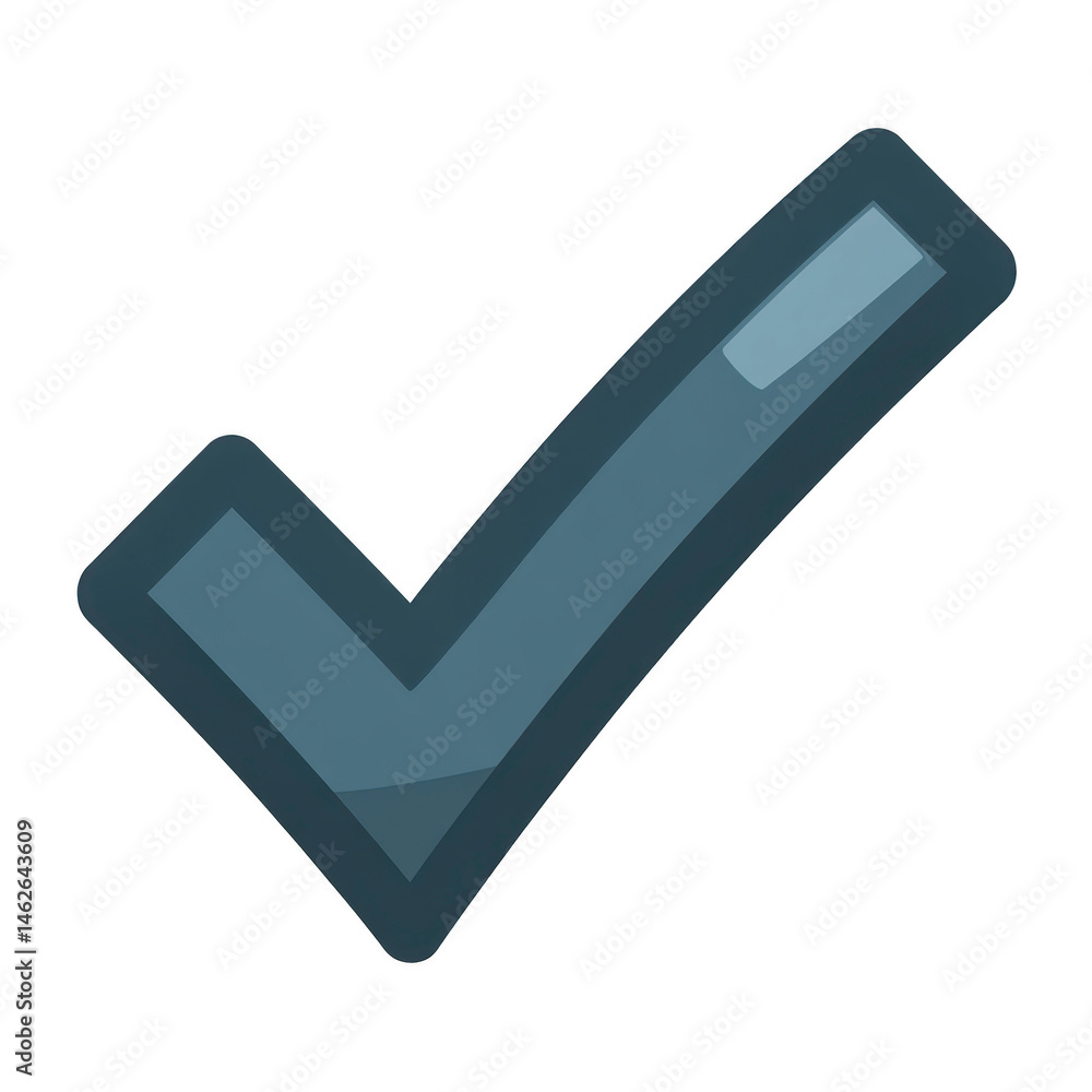 Poster large, bold check mark symbol in dark gray with glossy finish, representing approval or completion. 