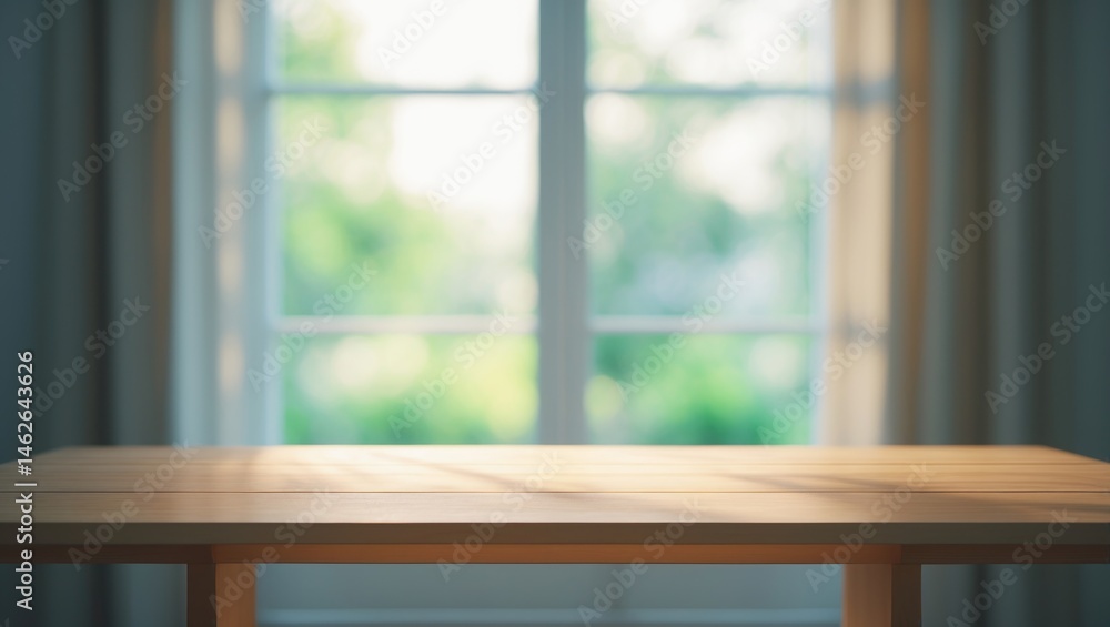 Poster wooden tabletop in front of a blurry big window with curtain and abstract scenery in the background
