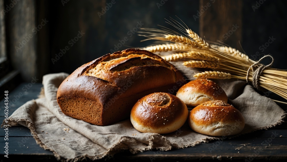 Poster warm bread with wheat ears displayed on a dark table