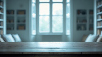 Spacious white home interior with a large window and free space on the table for decoration
