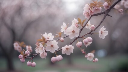 Fototapeta premium Branch of Blooming Plums in Garden with Flowers and Leaves