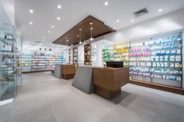 Bright and modern pharmacy interior with medicines, health products, and organized shelves.