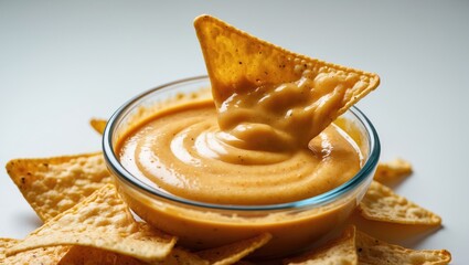 Crispy nachos with creamy cheese dip isolated on white background