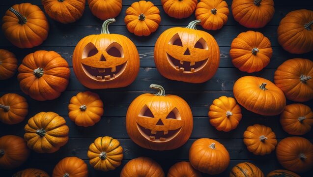 Halloween pumpkin decorations arranged on wooden table, top-down flat lay