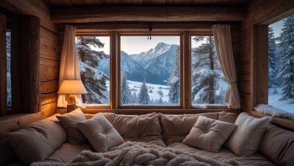 Fototapeta premium Sight from the cozy wooden cabin window towards the snowy mountain landscape.