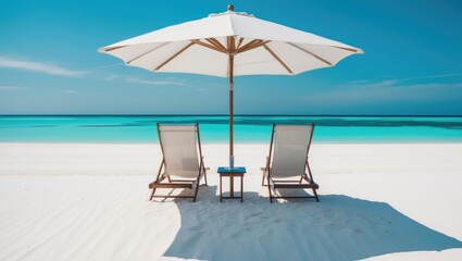 Serene seaside scene with a couple seated on chairs beneath an umbrella on an isolated beach