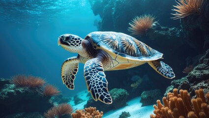 Obraz premium Underwater View of a Sea Turtle in Tropical Reef Waters