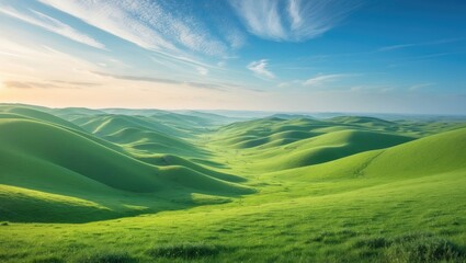 Obraz premium Curvy hills and scenic plains with blue sky and vibrant greenery