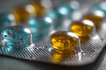 Close-up of colorful capsules in a blister pack, illustrating health and medication.