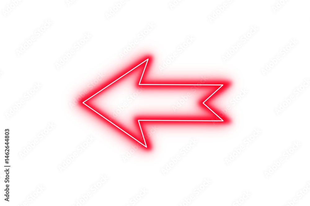 Poster bright red color neon light arrow pointing left with glowing effect on transparent background for st