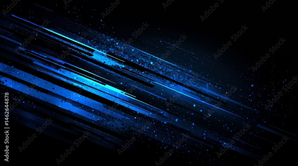 Poster blue and black image with a lot of white dots. the image is of a space scene with a blue line runnin