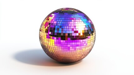 Disco ball with colorful reflections isolated on white background
