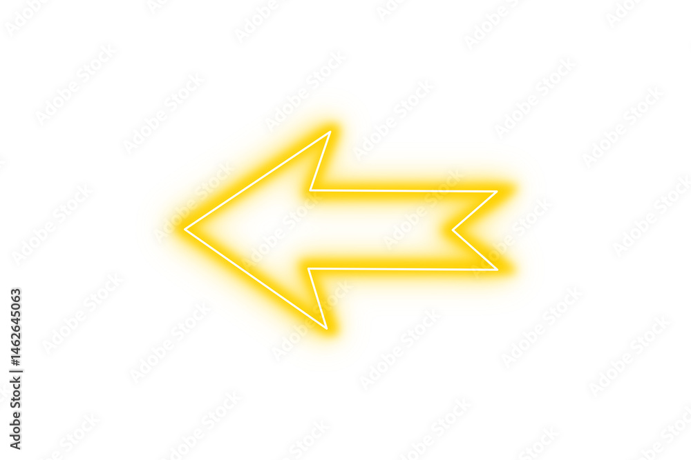 Poster bright yellow color neon light arrow pointing left with glowing effect on transparent background for