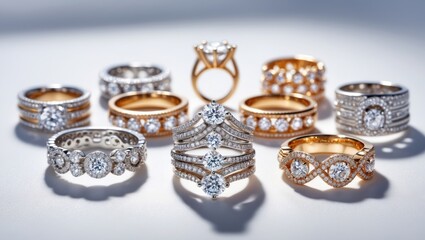 Stacked jewelry rings with diamonds set against a background
