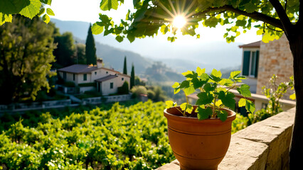 Potted Green Plant on Balcony Overlooking Scenic Italian Village and Countryside at Sunset