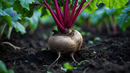 Detailed view of a beetroot root amidst dirt in a vegetable garden