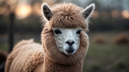 Obraz premium Adorable young alpaca face with curly hair against a nature background