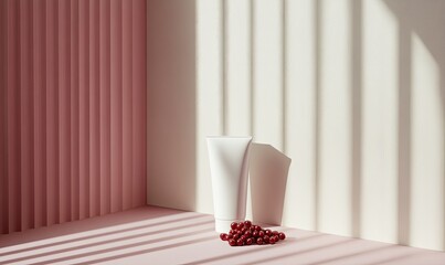 White cosmetic tubes on a pink background, sunlit, with red berries