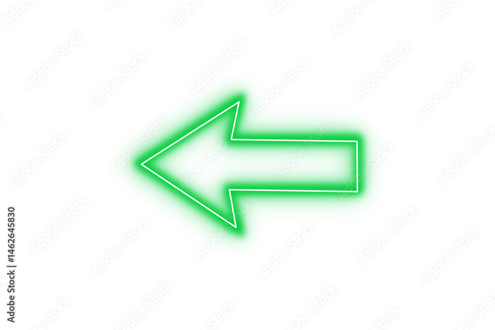 Poster bright green color neon light arrow pointing left with glowing effect on transparent background for 