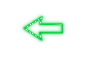 Bright green color neon light arrow pointing left with glowing effect on transparent background for stylish designs