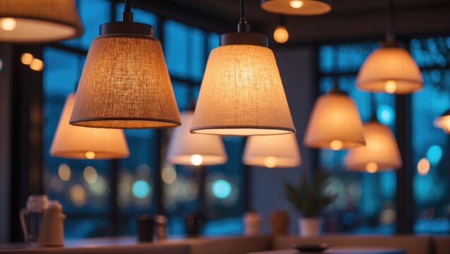 Elegant lighting from ceiling lamps in a chic cafe setting as I hold a hot coffee, with selective focus on the main lamp