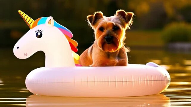 Small dog sitting on inflatable flamingo float in pool, bright summer lighting and greenery in background. Concept of cute summer relaxation for pets