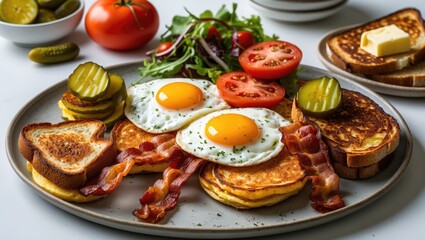 Classic continental breakfast set including fried eggs, toast, bacon, and fresh vegetables on an isolated table