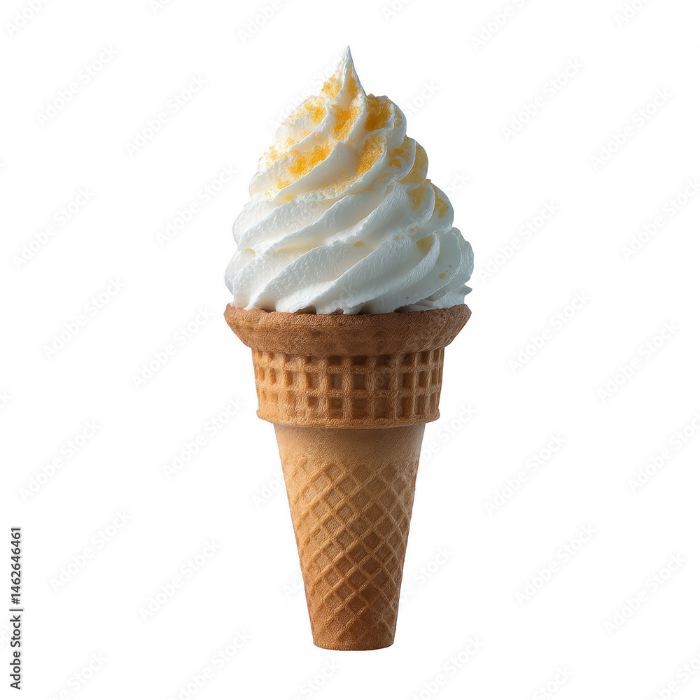 Poster delicious vanilla soft serve ice cream cone with waffle cone, topped with swirl of creamy texture an