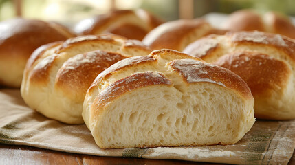 Fototapeta premium Freshly baked golden crusted bread loaves on rustic wooden table