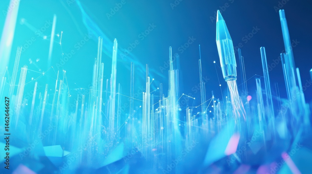 Poster abstract growth graph chart with launch rocket on technology blue background. startup and success bu