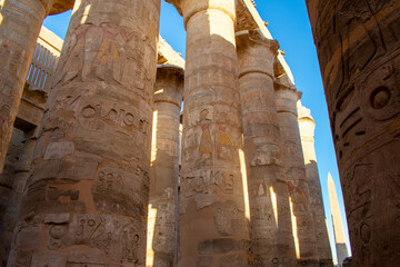 Karnak Temple in Luxor, Egypt. Hieroglyphs and Art on pillars and walls. Temples, pylons, chapels, and other buildings in Karnak Temple Complex 