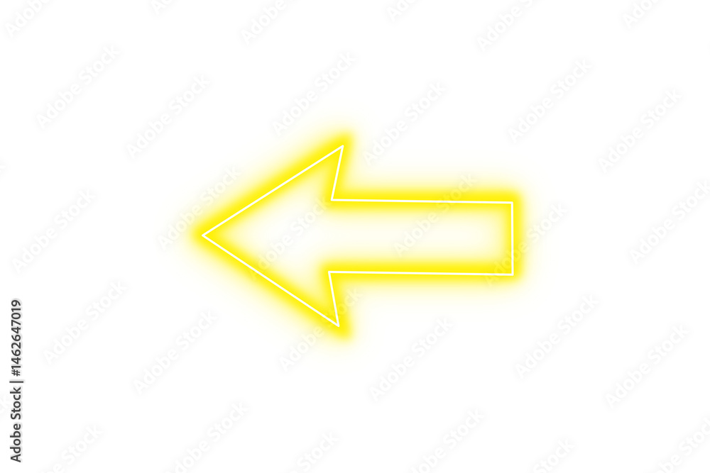 Poster bright yellow color neon light arrow pointing left with glowing effect on transparent background for
