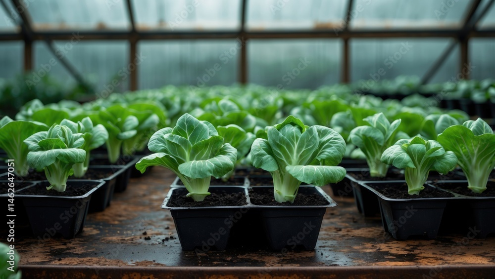 Poster growing cabbage seedlings in plastic containers with soil in a greenhouse setting