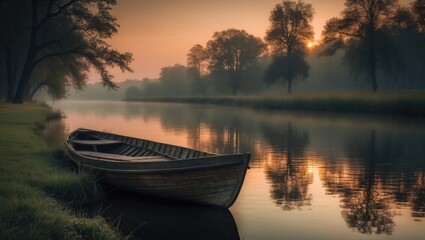 Tranquil Morning Scene with Vintage Fishing Boat on a Peaceful Lake at Sunrise