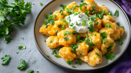 Cheddar cheese cauliflower bites topped with sour cream and fresh parsley on a plate