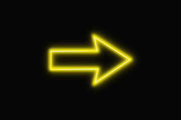 Bright yellow color neon light arrow pointing right with glowing effect on black background for...