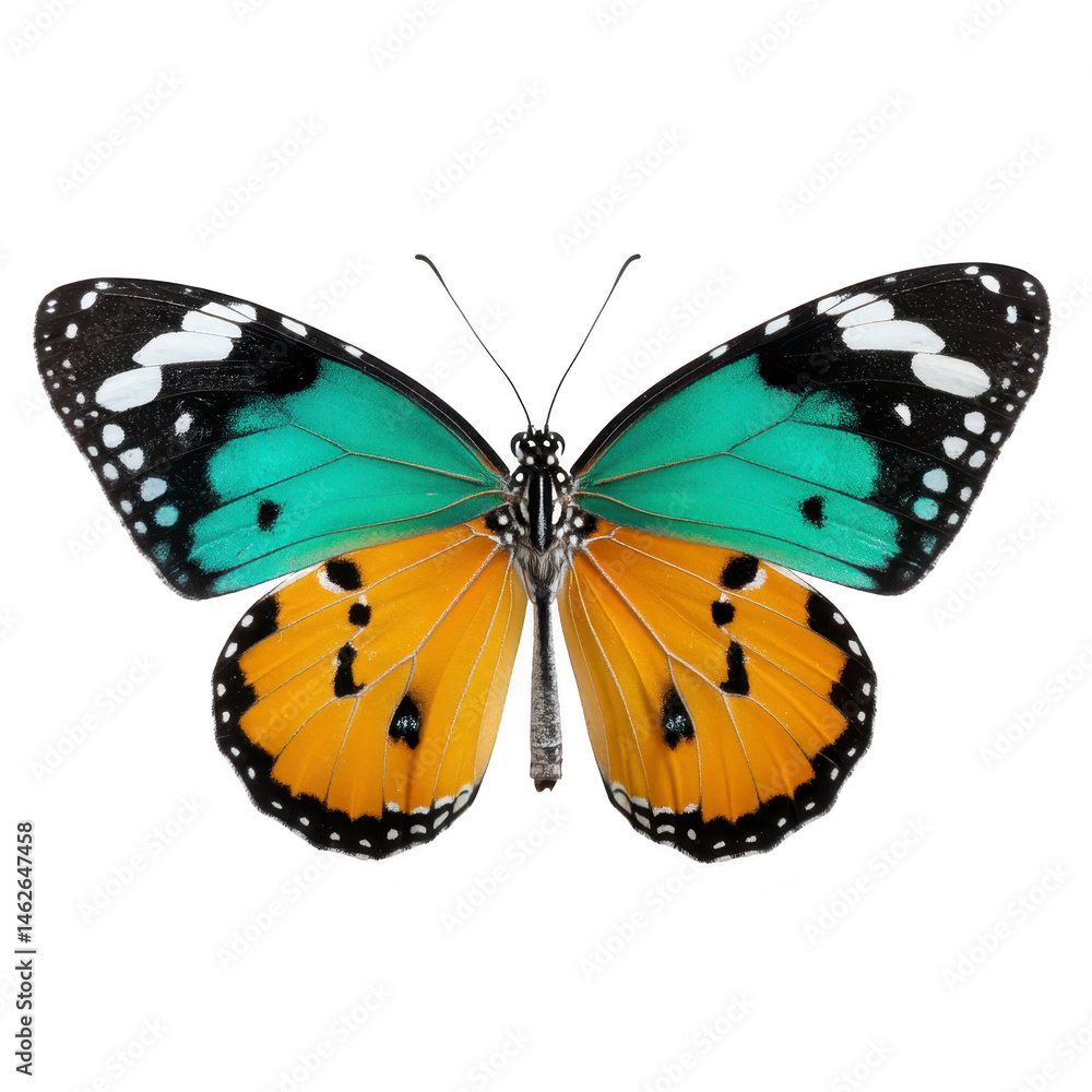Poster vibrant butterfly with striking orange and teal wings, featuring black and white patterns, is displa