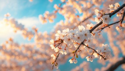 Fototapeta premium Cherry tree branches with white blooms in sunlight