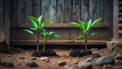Fresh Mango Tree Seedlings with Bright Leaves Adjacent to a Classic Wall