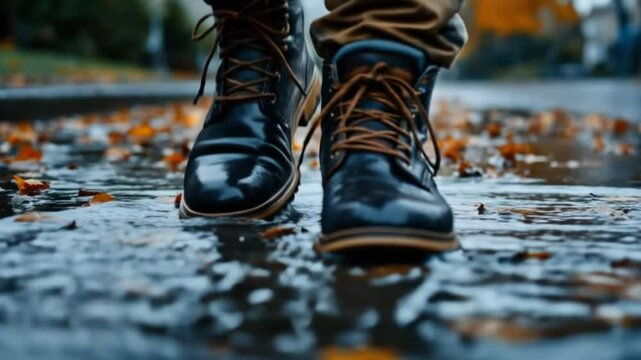 Walking through rain puddle, low angle view of male feet in boots stepping into water on the pavement on a rainy autumn day, slow motion