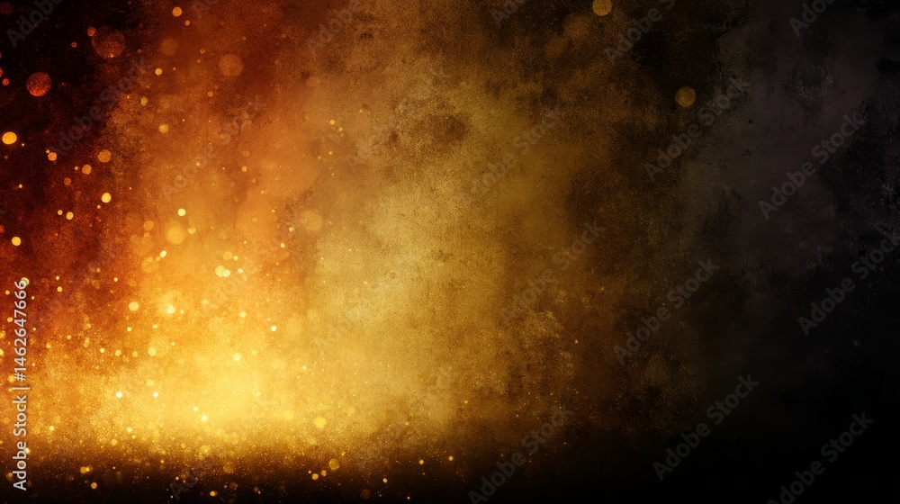 Poster Dark gradient tones transition from burnt orange to deep brown, featuring scattered glowing particles and rough brush patterns, with ample copy space on the right