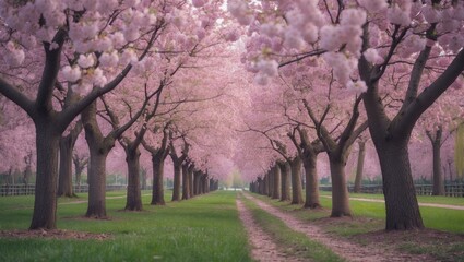 Obraz premium Beautifully blooming trees in a row on a vibrant green grass in spring