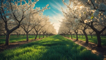 Obraz premium Spring view of a flowering young orchard