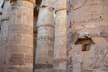 Karnak Temple in Luxor, Egypt. Hieroglyphs and Art on pillars and walls. Temples, pylons, chapels, and other buildings in Karnak Temple Complex 