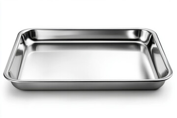 Stainless tray filled with colorful macarons on a white background.