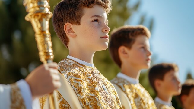 religious procession, on pentecost sunday, a traditional procession with clergy in decorative robes and altar boys swinging incense thuribles